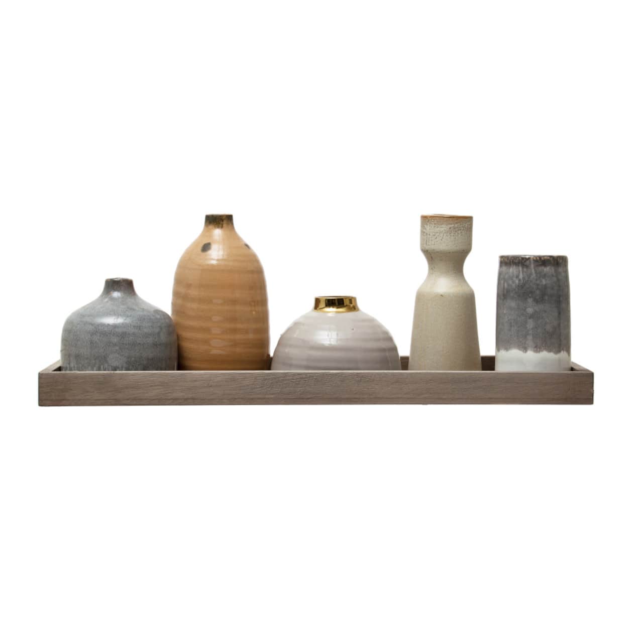 Multicolor Reactive Glaze Mango Wood Tray With Taper Holder &#x26; 4 Vases Set